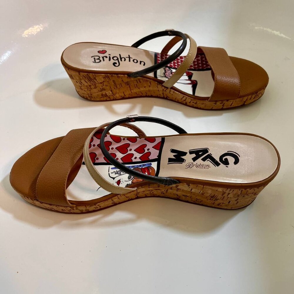 Brighton Harper Tan Beige Glam Cork Wedge Slip On Strappy Sandals Size 9.5 - Picture 5 of 14